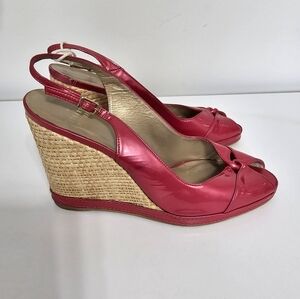 sz 9.5 M Stuart Weitzman Pink Tan Espadrille Wedge‎ Sandals Slingback Patent